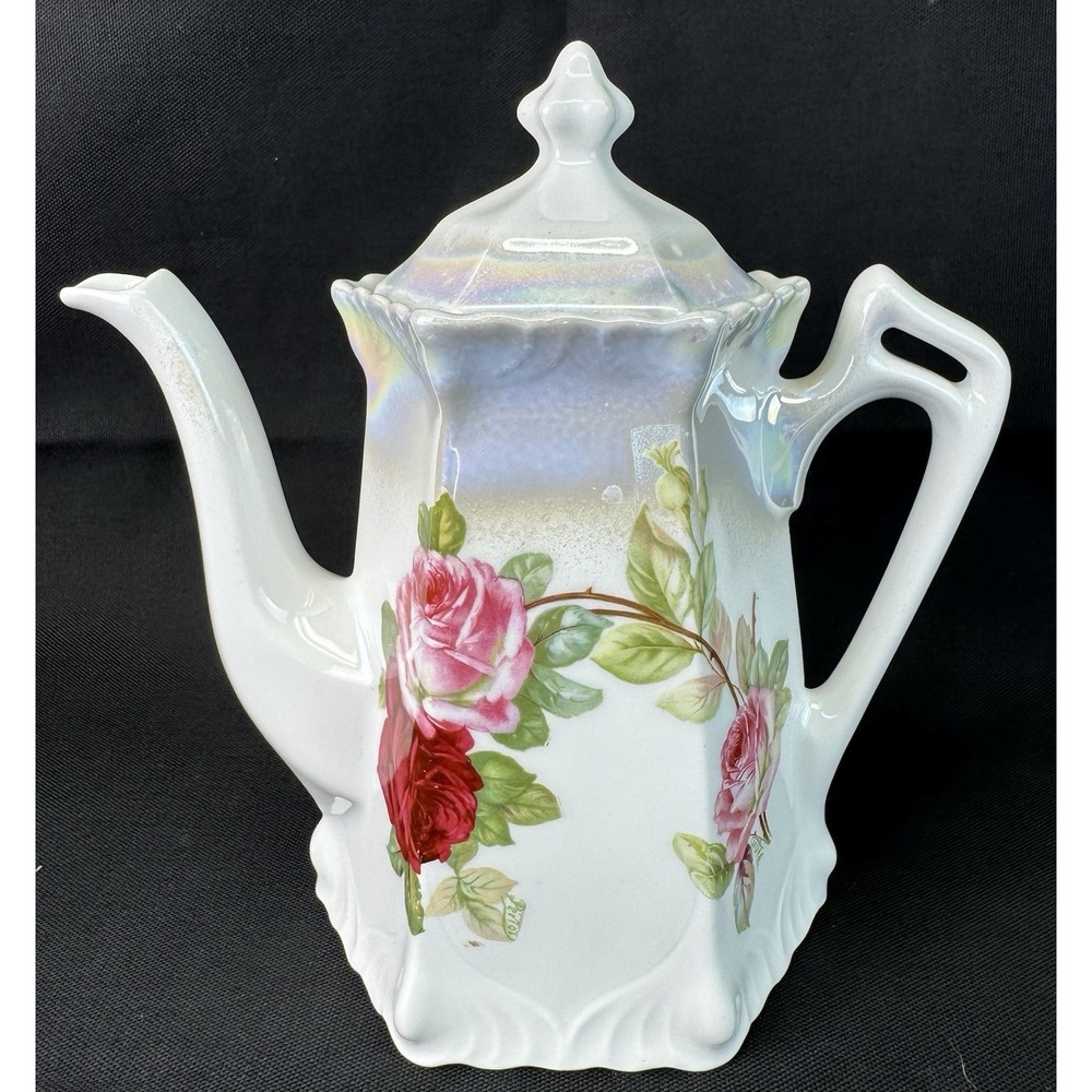 Antique German Blue Floral Glazed Porcelain Teapot Hexagonal Base 7" Tall